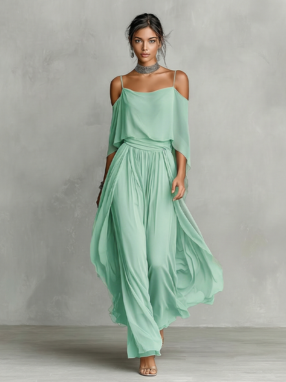 Dames Grijze Ademend Chiffon Set Met Cold-Shoulder Detail & Uitlopende Silhouet, Hedendaagse Luxe-Vrouwelijke Stijl Set MDZ2651B6I