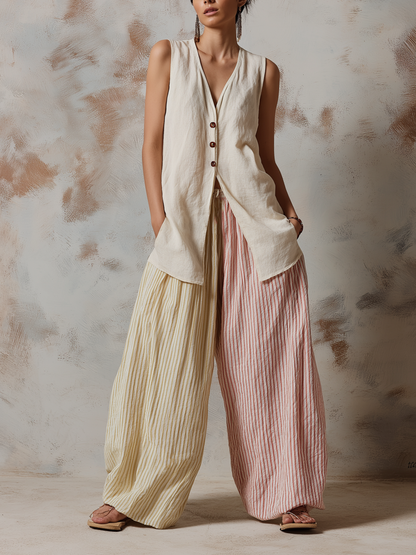 Linnenmix Mouwloze Vest & Twee-Tonige Gestreepte Wijde Broek Set