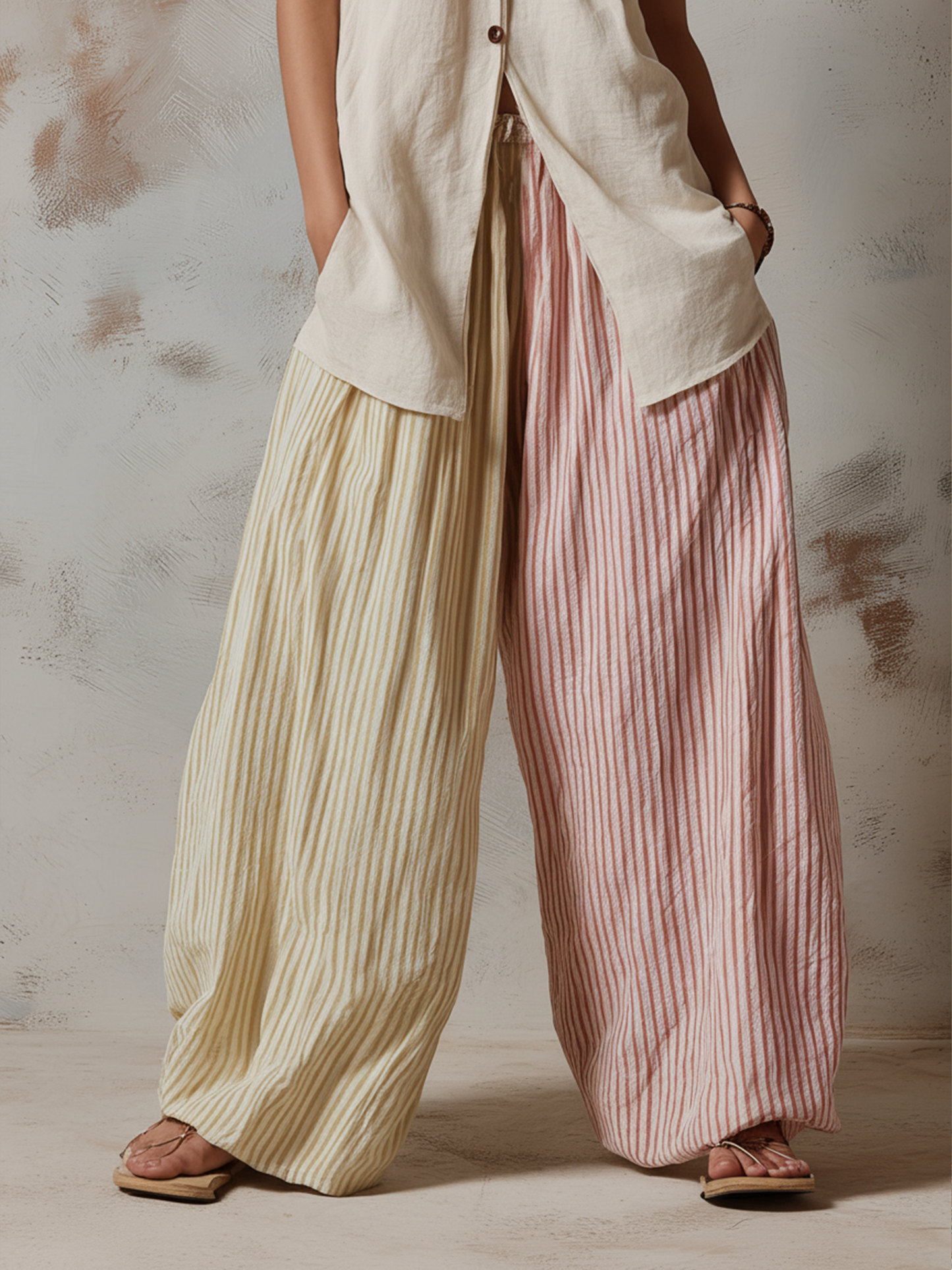 Linnenmix Mouwloze Vest & Twee-Tonige Gestreepte Wijde Broek Set