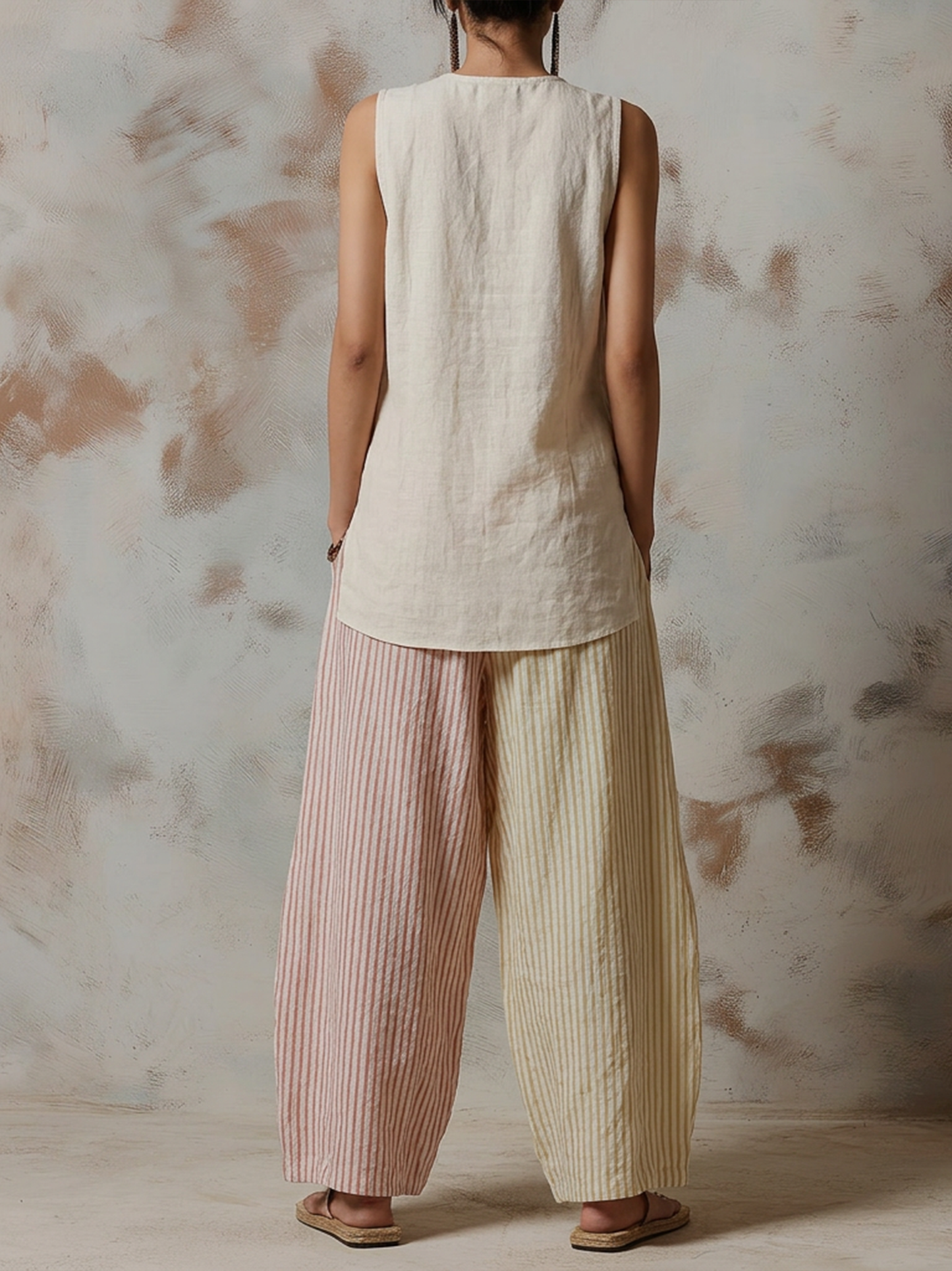Linnenmix Mouwloze Vest & Twee-Tonige Gestreepte Wijde Broek Set
