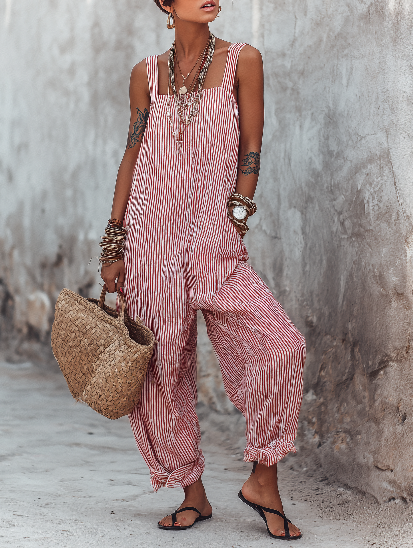 Ella | Minimalistische Gestreepte Vierkante Hals Mouwloze Jumpsuit