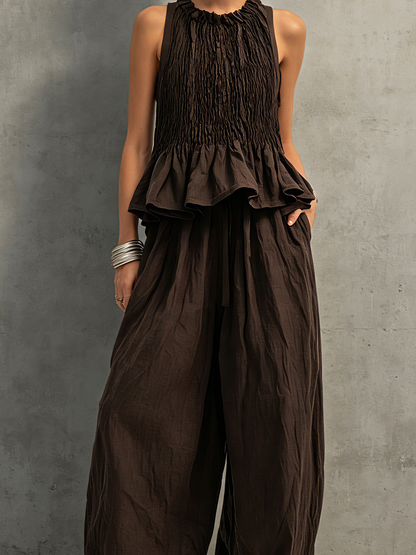 Cameron | Donkerbruin Katoen-Linnen Mouwloos Top & Broek Set