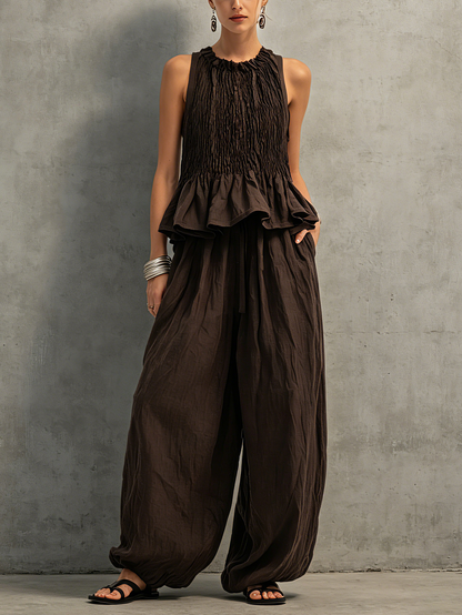 Cameron | Donkerbruin Katoen-Linnen Mouwloos Top & Broek Set