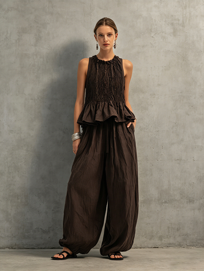 Cameron | Donkerbruin Katoen-Linnen Mouwloos Top & Broek Set