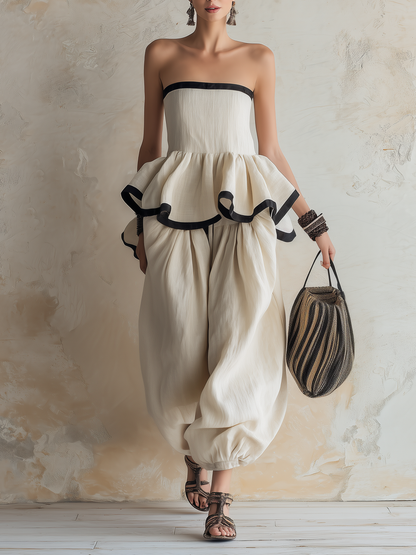 Strapless Ruffle Peplum Top & Harem Pants Set | Linnen Boho Twee-delige Outfit