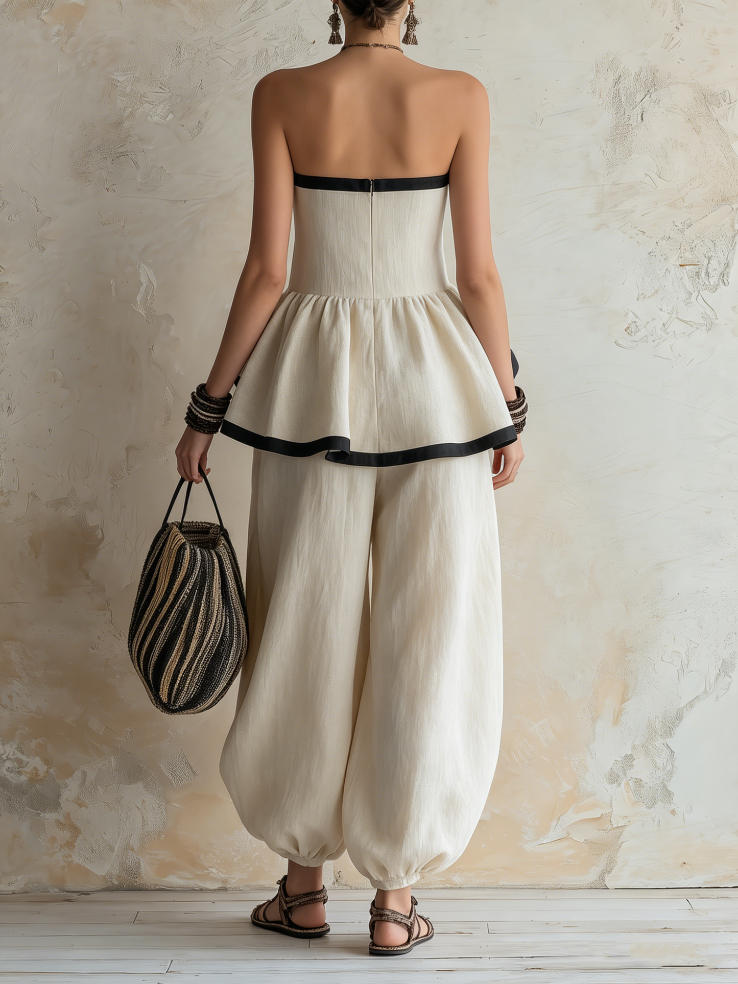Strapless Ruffle Peplum Top & Harem Pants Set | Linnen Boho Twee-delige Outfit