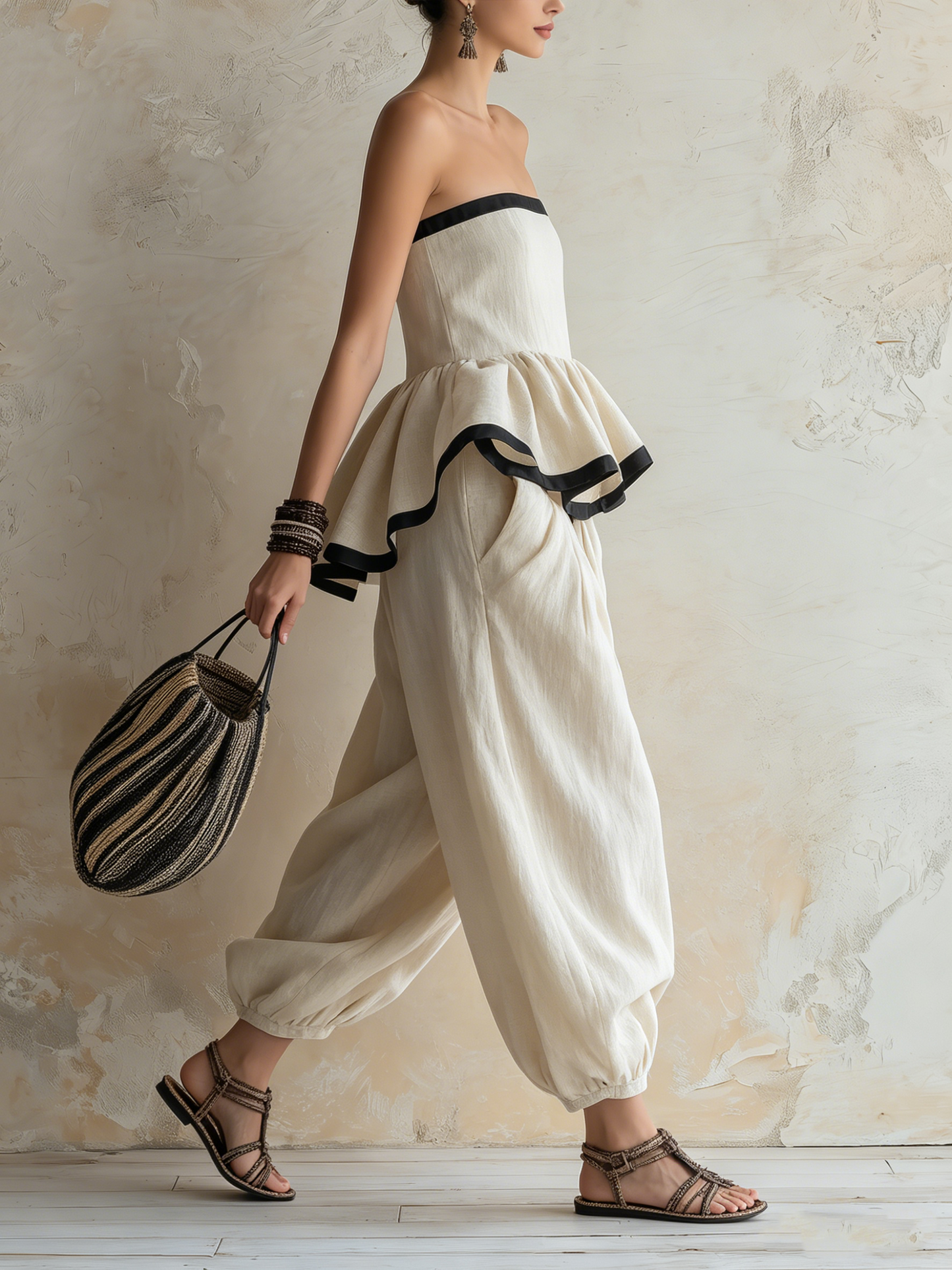 Strapless Ruffle Peplum Top & Harem Pants Set | Linnen Boho Twee-delige Outfit