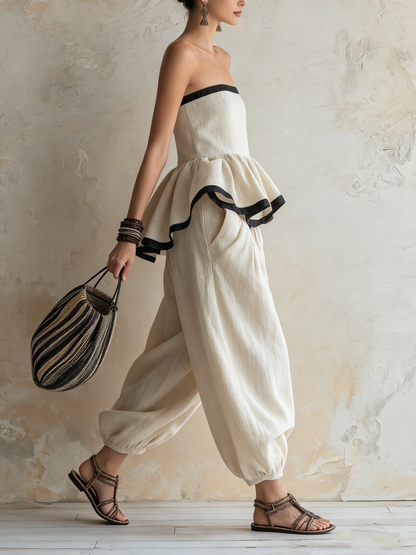 Strapless Ruffle Peplum Top & Harem Pants Set | Linnen Boho Twee-delige Outfit