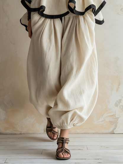 Strapless Ruffle Peplum Top & Harem Pants Set | Linnen Boho Twee-delige Outfit