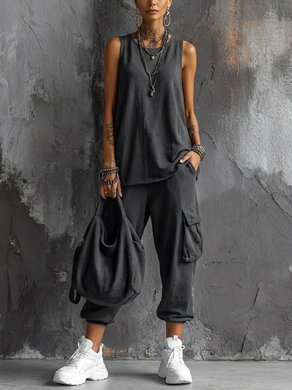 Nora | Casual Style Donkergrijze Katoenmengsel Mouwloze Top + Jogger Cargo Broek Set