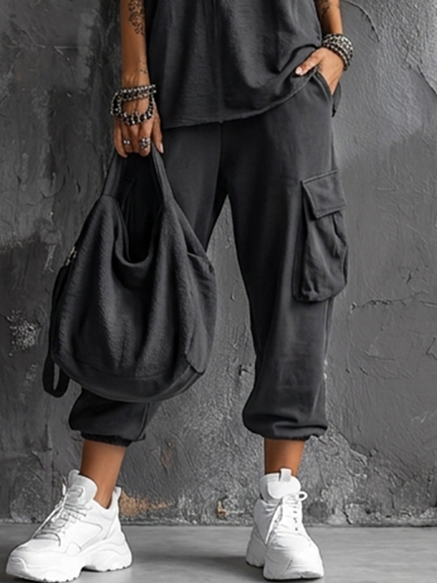 Nora | Casual Style Donkergrijze Katoenmengsel Mouwloze Top + Jogger Cargo Broek Set
