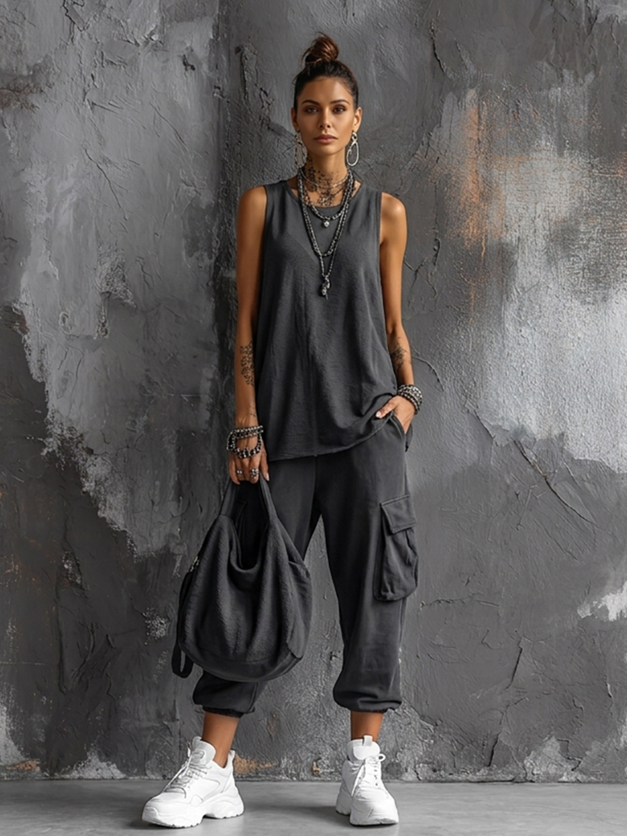 Nora | Casual Style Donkergrijze Katoenmengsel Mouwloze Top + Jogger Cargo Broek Set