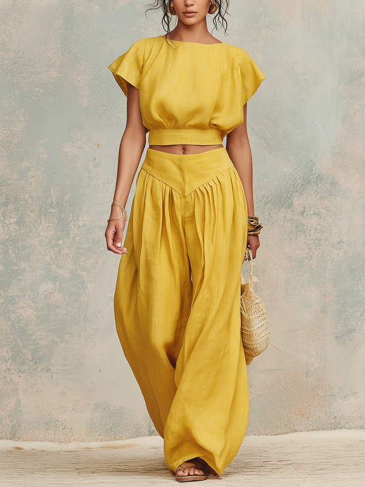 Zonnebloem Linnen Crop Top & Wijde Broek Set
