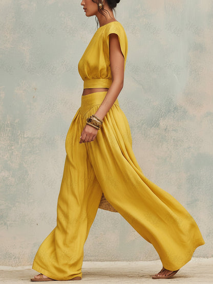 Zonnebloem Linnen Crop Top & Wijde Broek Set