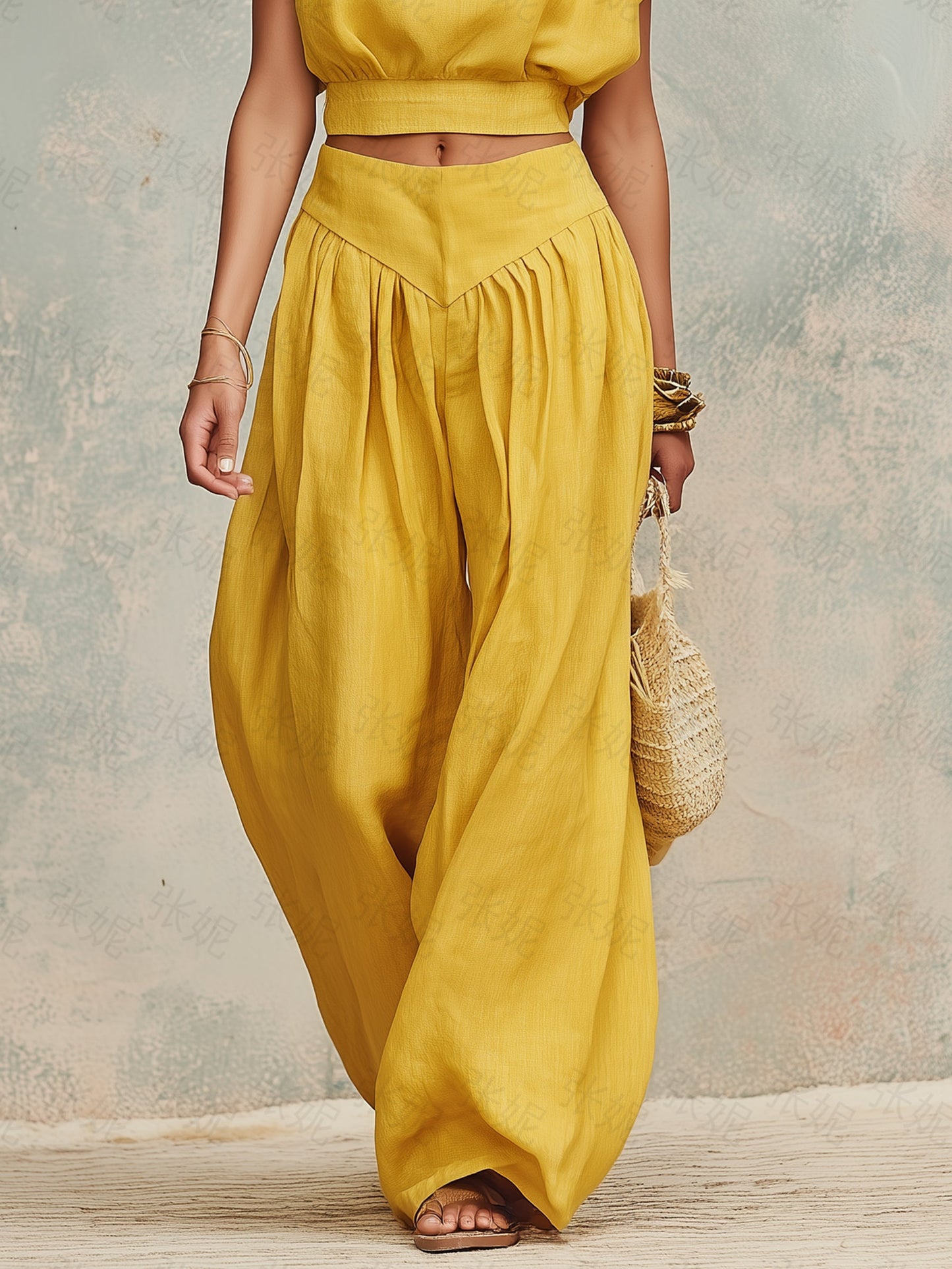 Zonnebloem Linnen Crop Top & Wijde Broek Set