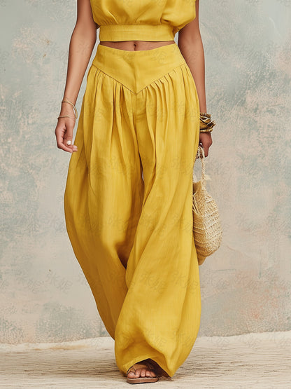 Zonnebloem Linnen Crop Top & Wijde Broek Set