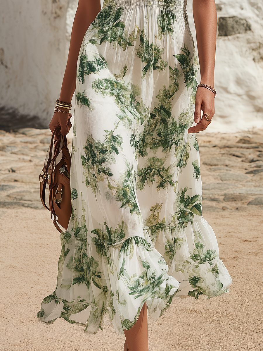 Midi-jurk in vakantiestijl met V-hals, mouwloos en met botanische print van chiffon