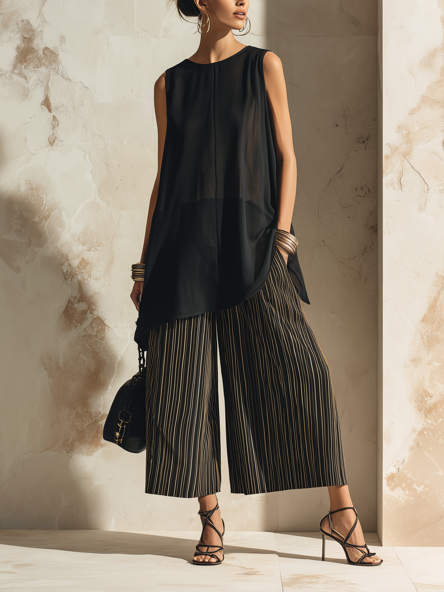 Flowy Chiffon Top & Gestreepte Wijde Broek Set