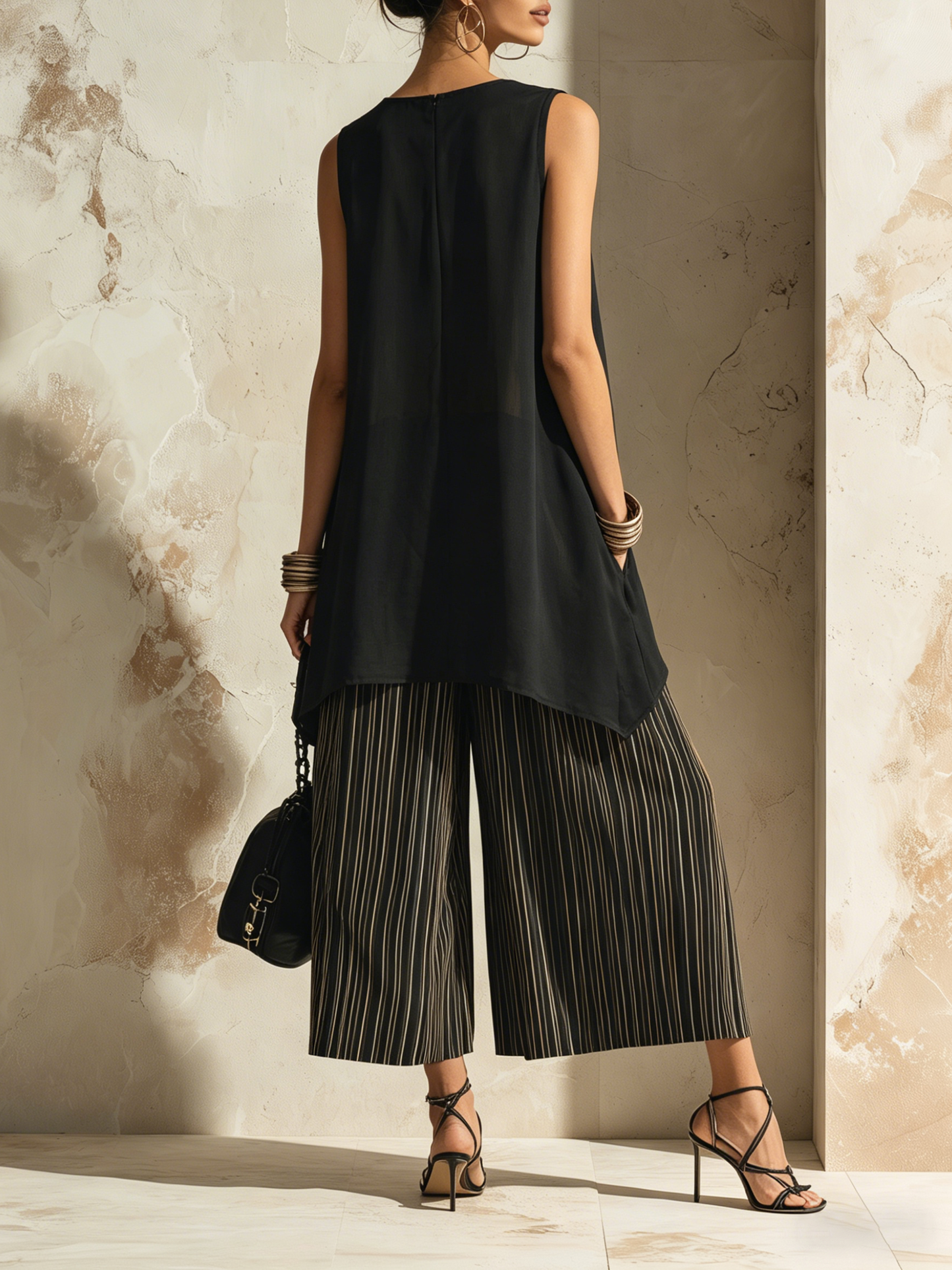 Flowy Chiffon Top & Gestreepte Wijde Broek Set