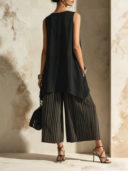 Flowy Chiffon Top & Gestreepte Wijde Broek Set