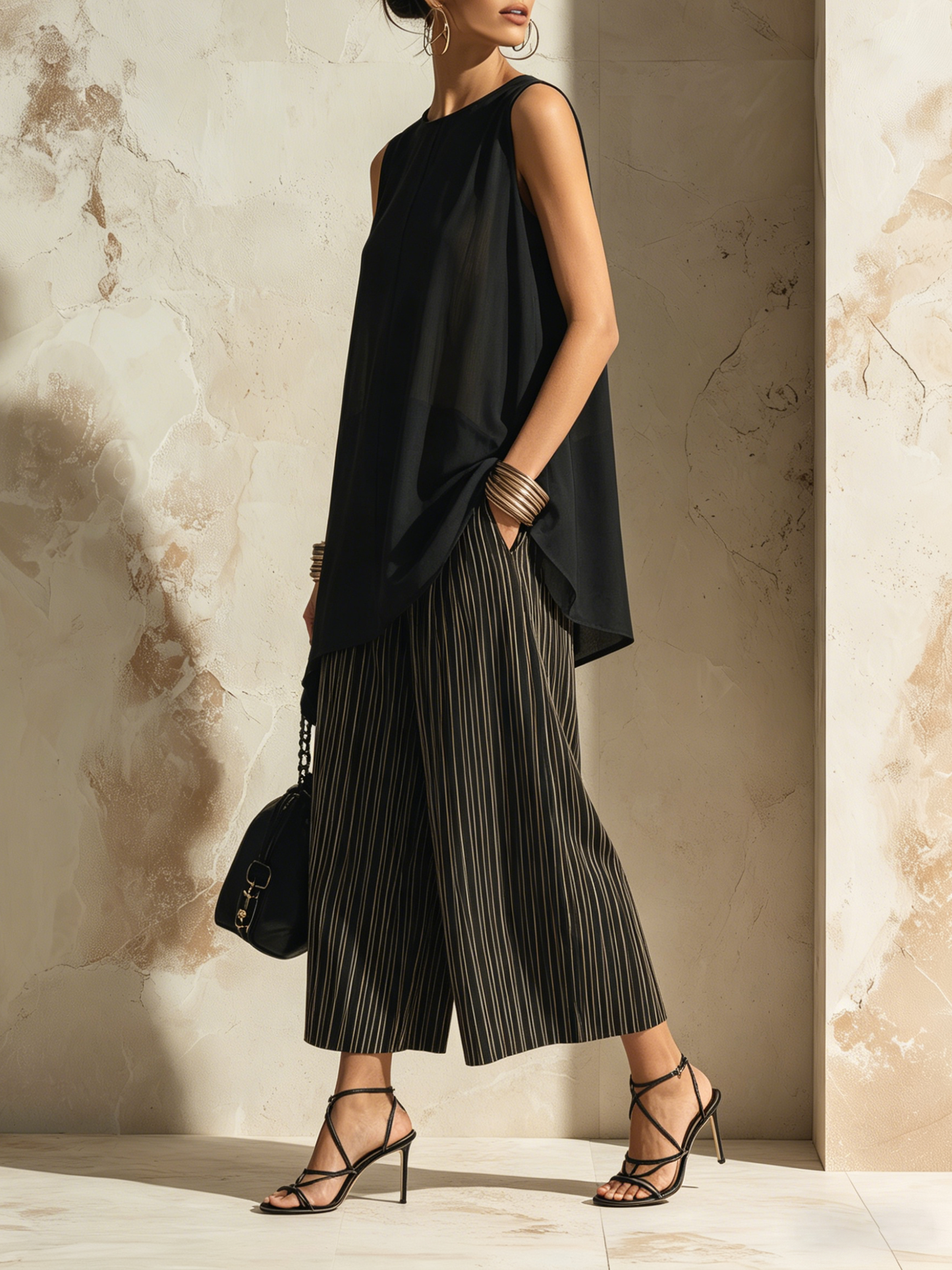 Flowy Chiffon Top & Gestreepte Wijde Broek Set