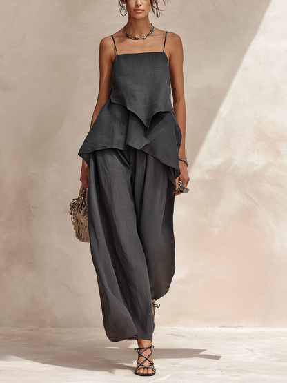 Donkergrijze Linnenmix Cami & Brede Pantalon Set | Asymmetrische Vloeiende Twee-delige Set