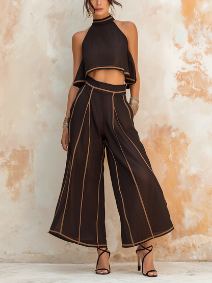 Zwart & Kameel Trim Halter Crop Top & Brede Pantalon Set