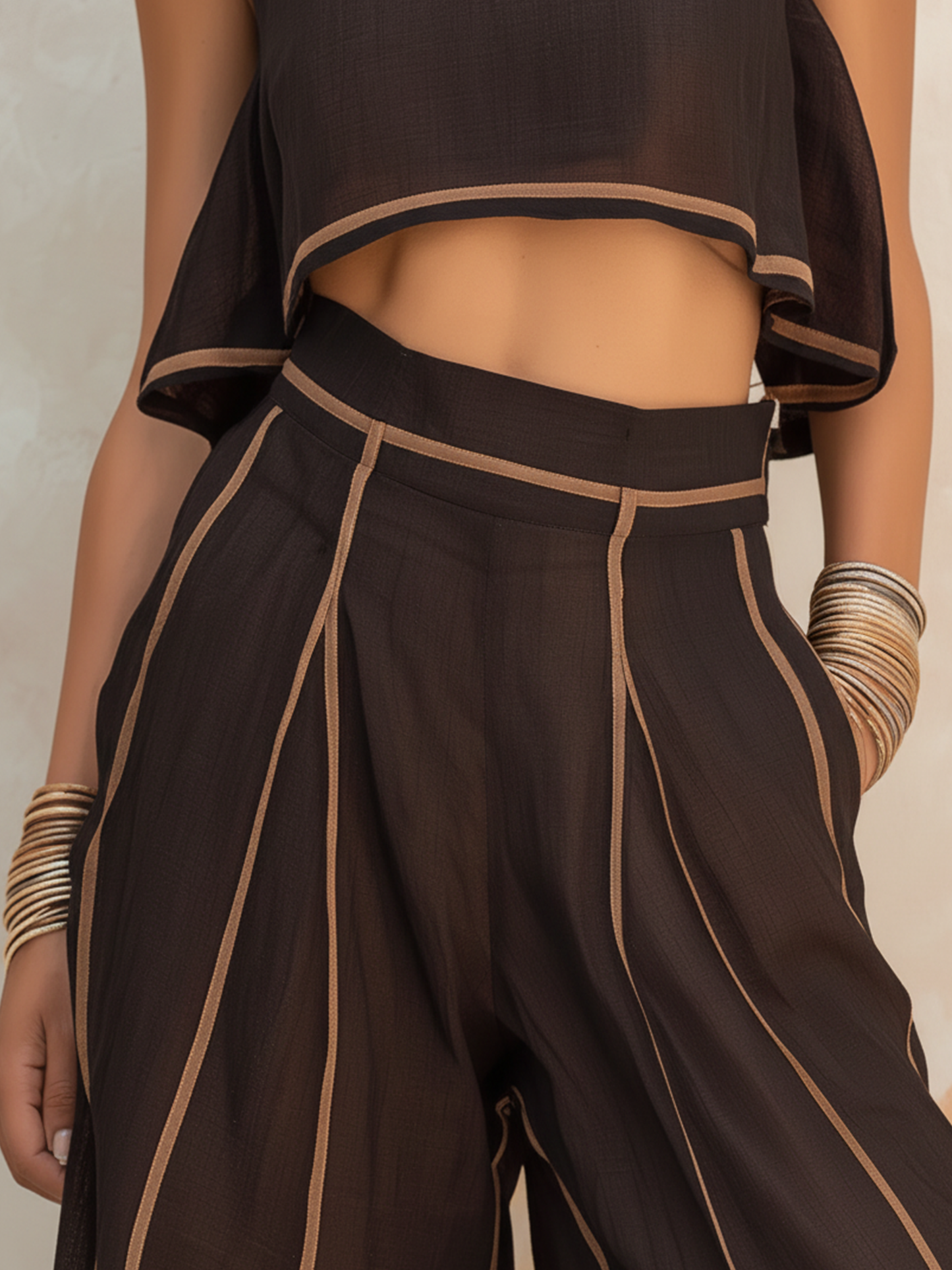 Zwart & Kameel Trim Halter Crop Top & Brede Pantalon Set