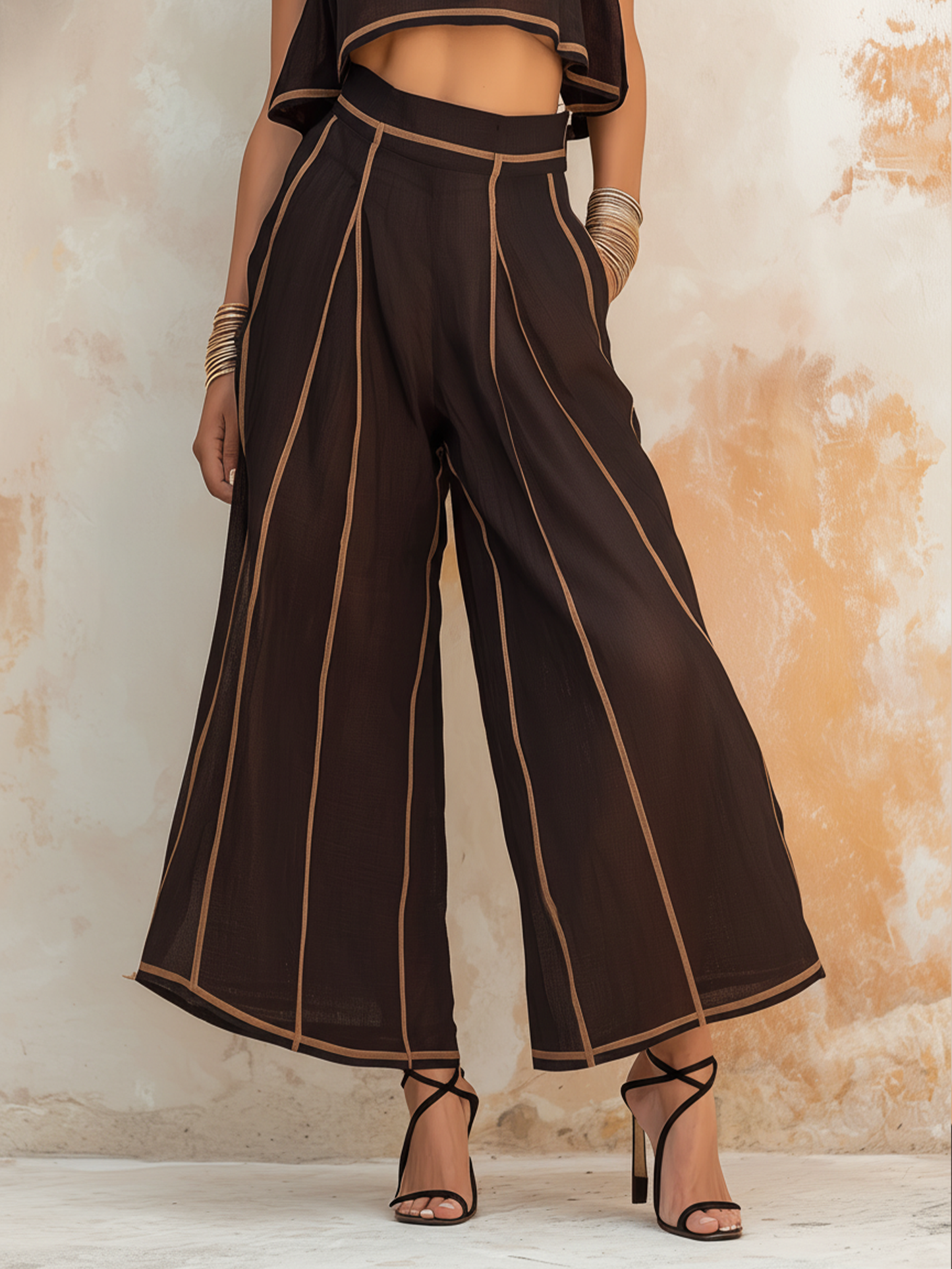 Zwart & Kameel Trim Halter Crop Top & Brede Pantalon Set