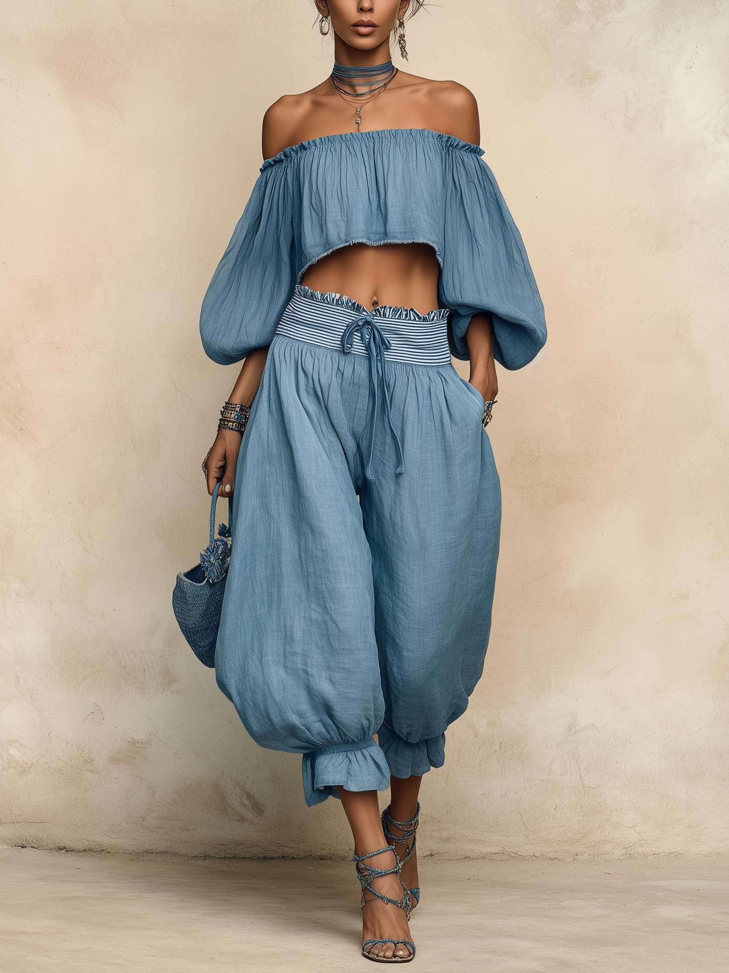 Blauwe Off-Shoulder Linnenmix Twee-Delige Ballonbroek Set