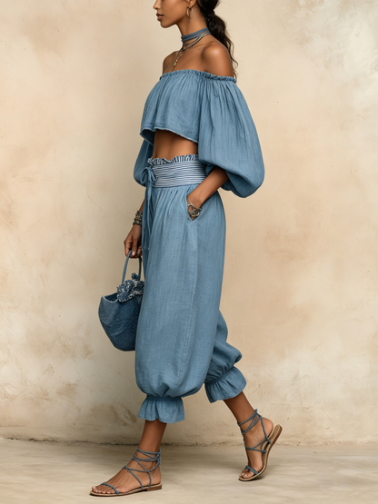 Blauwe Off-Shoulder Linnenmix Twee-Delige Ballonbroek Set
