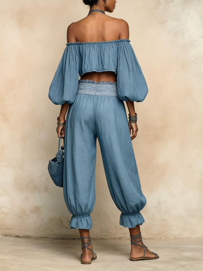 Blauwe Off-Shoulder Linnenmix Twee-Delige Ballonbroek Set