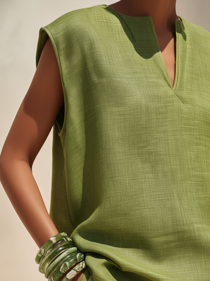 Oversized Groene Linnenmix Mouwloze Top & Gestreepte Brede Broek Set