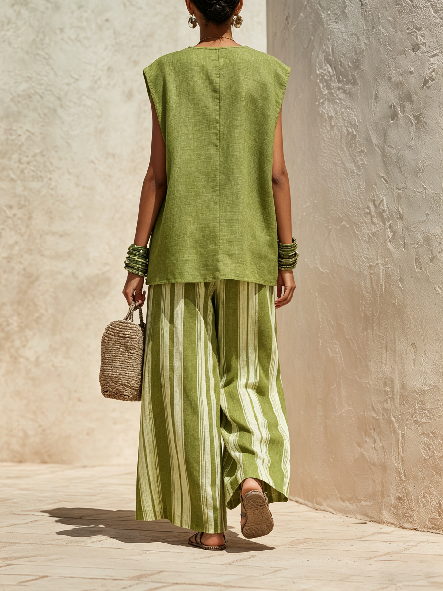 Oversized Groene Linnenmix Mouwloze Top & Gestreepte Brede Broek Set