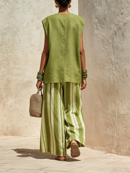 Oversized Groene Linnenmix Mouwloze Top & Gestreepte Brede Broek Set