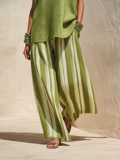 Oversized Groene Linnenmix Mouwloze Top & Gestreepte Brede Broek Set