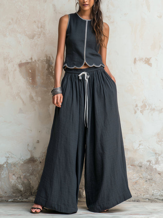 Houtskool Scallop Trim Mouwloos Top & Touwtje Wijde Pijpen Linnen Co-ord Set