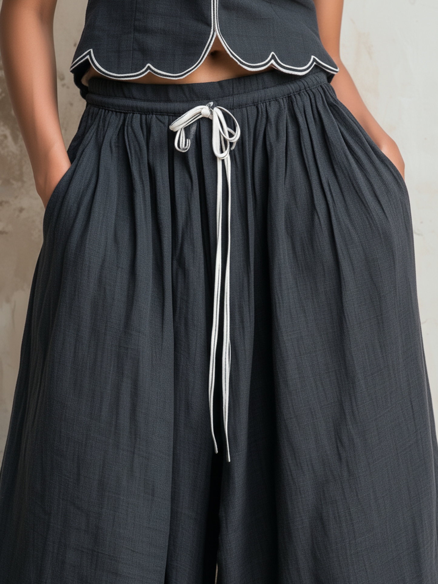 Houtskool Scallop Trim Mouwloos Top & Touwtje Wijde Pijpen Linnen Co-ord Set