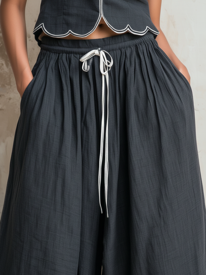 Houtskool Scallop Trim Mouwloos Top & Touwtje Wijde Pijpen Linnen Co-ord Set
