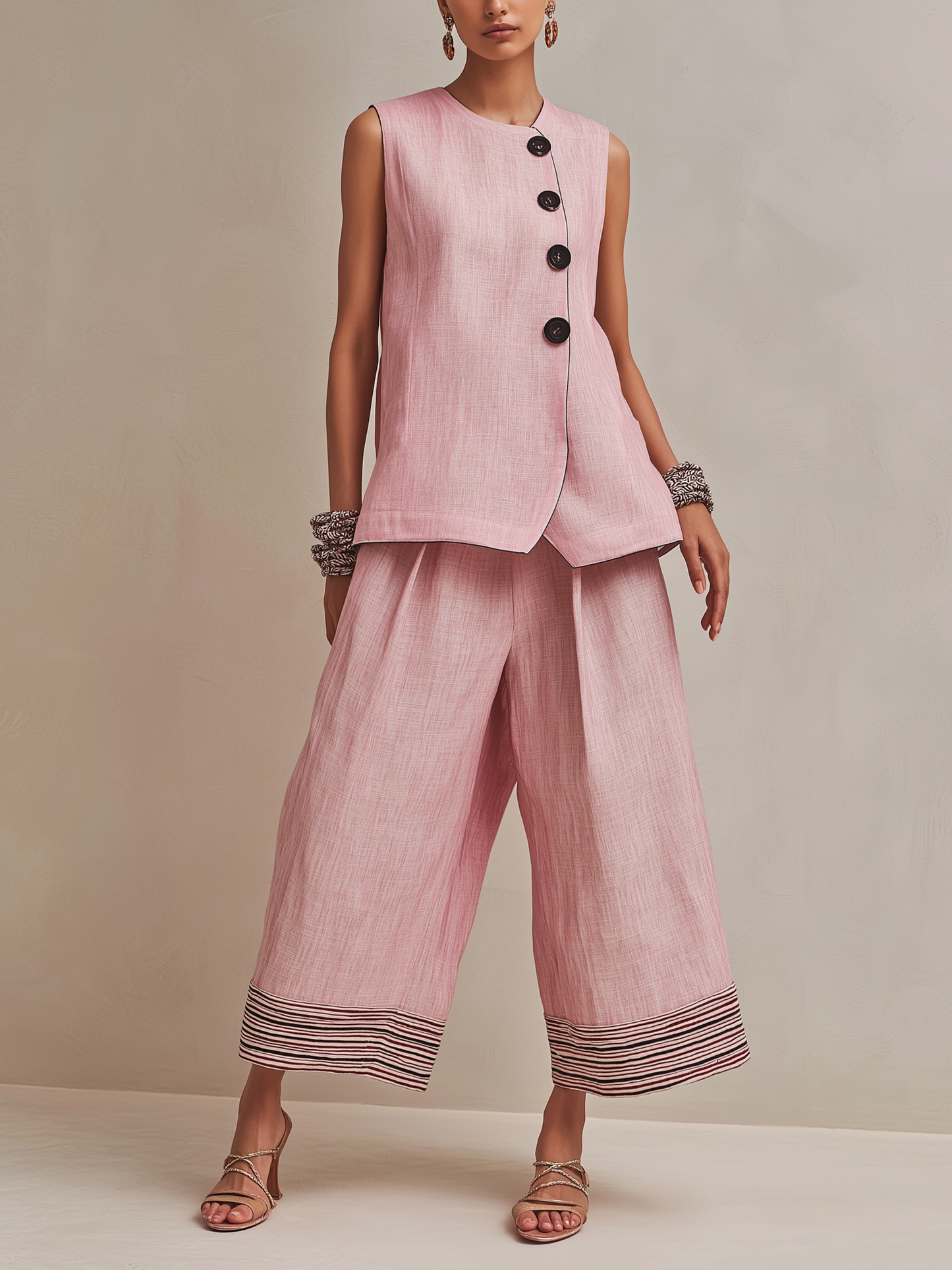 Blush Roze Linnenmix Co-ord Set Met Knopen Vest & Gestreepte Hem Culottes