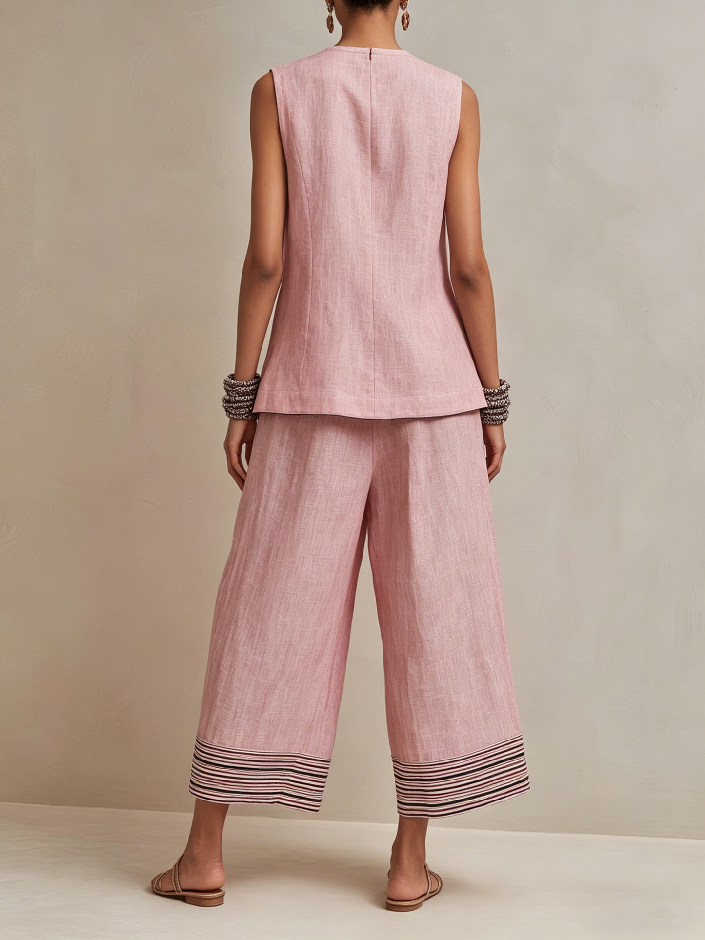 Blush Roze Linnenmix Co-ord Set Met Knopen Vest & Gestreepte Hem Culottes