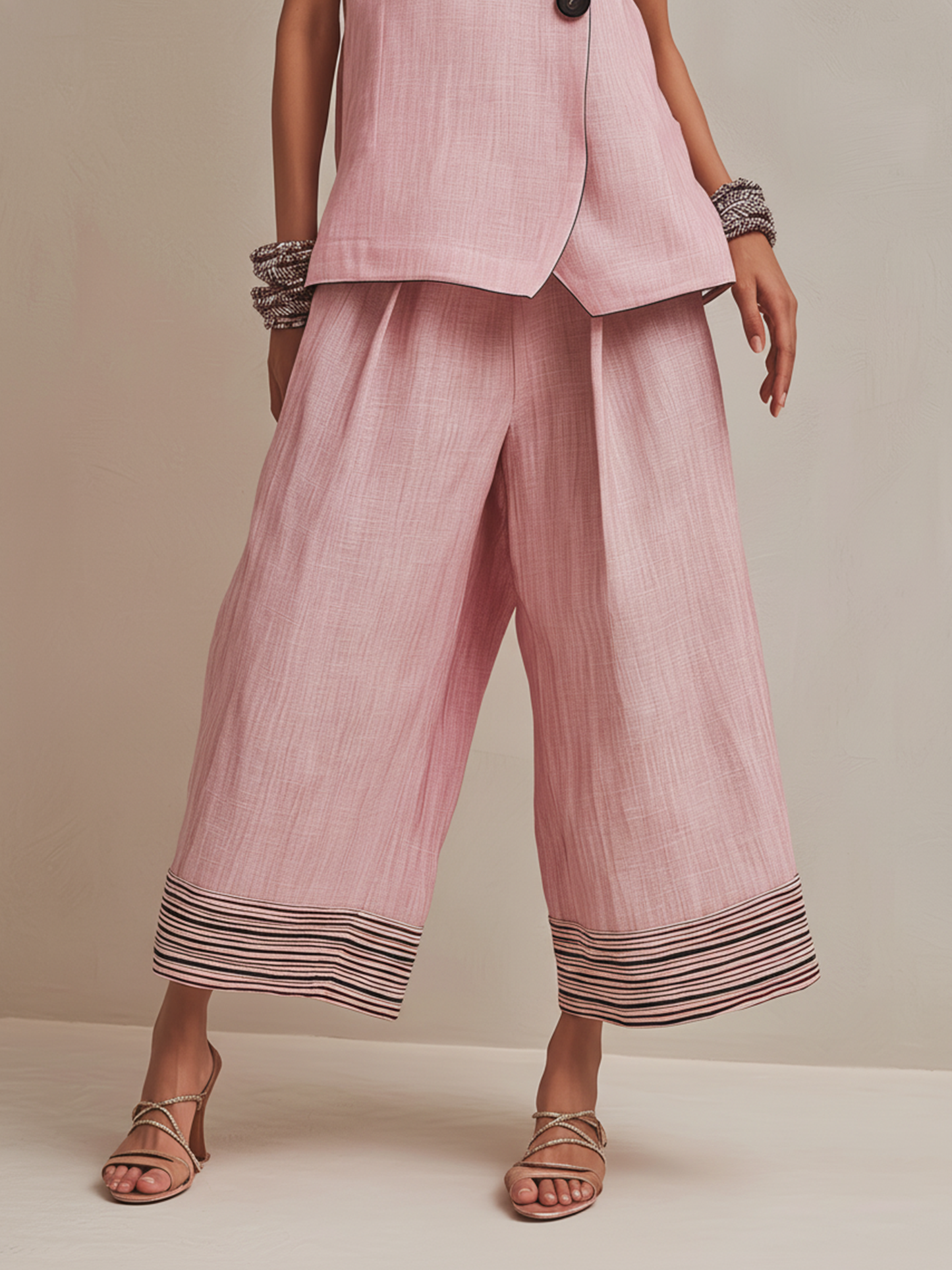 Blush Roze Linnenmix Co-ord Set Met Knopen Vest & Gestreepte Hem Culottes
