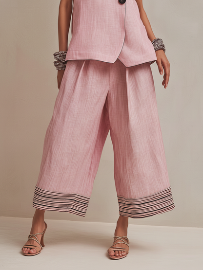 Blush Roze Linnenmix Co-ord Set Met Knopen Vest & Gestreepte Hem Culottes