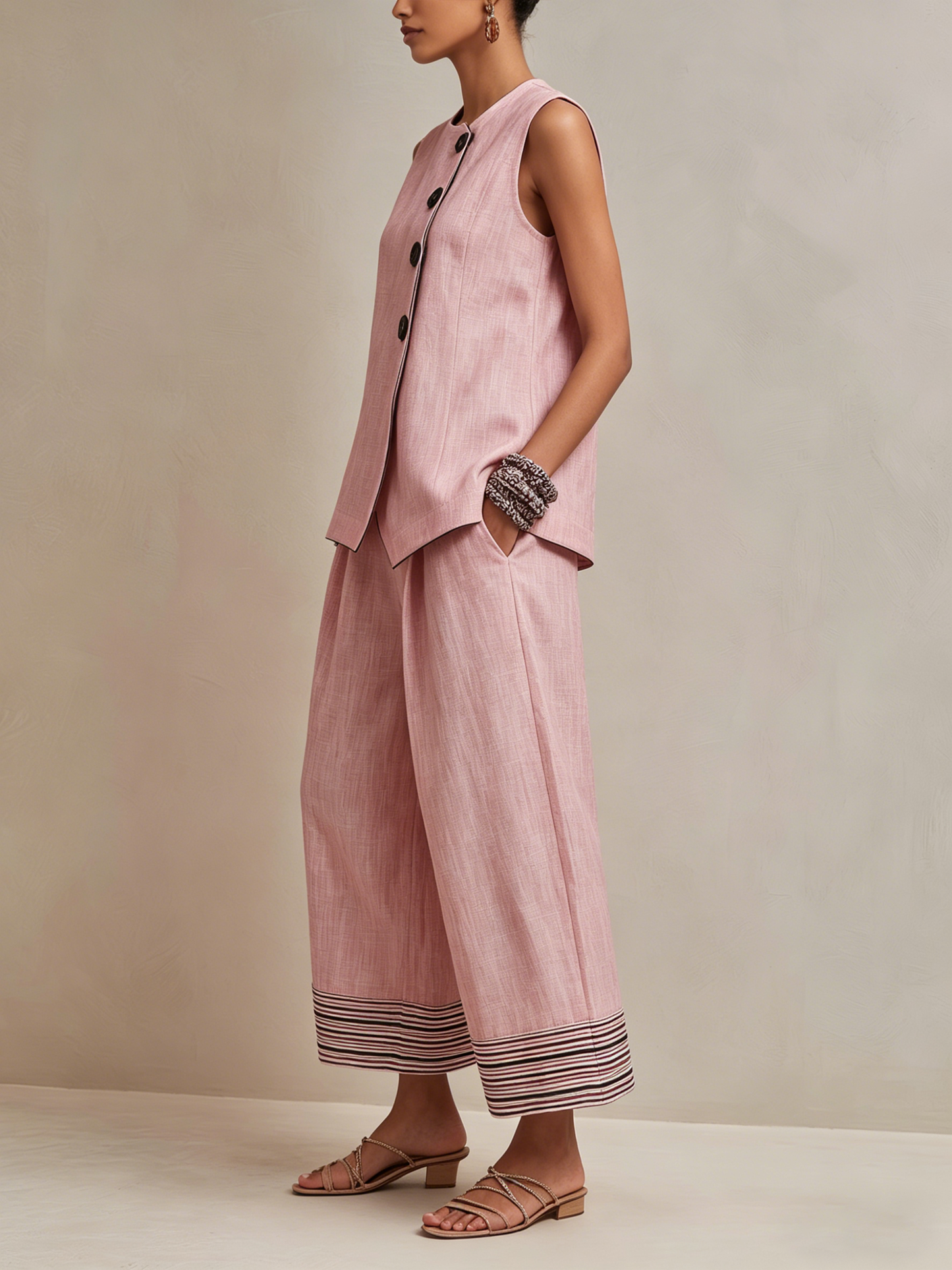 Blush Roze Linnenmix Co-ord Set Met Knopen Vest & Gestreepte Hem Culottes