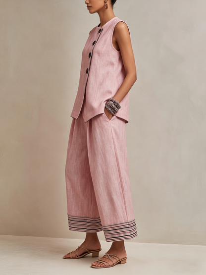 Blush Roze Linnenmix Co-ord Set Met Knopen Vest & Gestreepte Hem Culottes