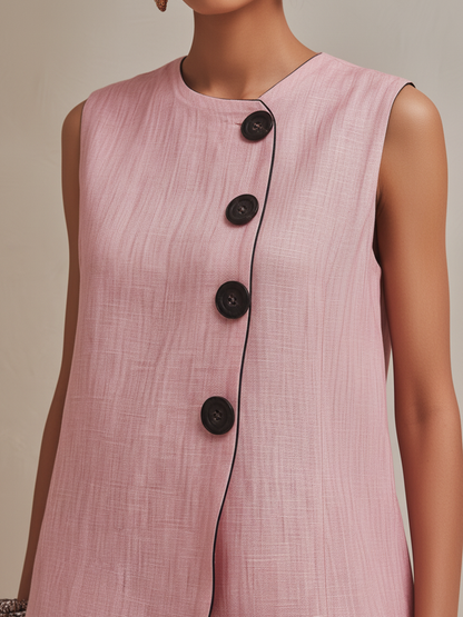 Blush Roze Linnenmix Co-ord Set Met Knopen Vest & Gestreepte Hem Culottes