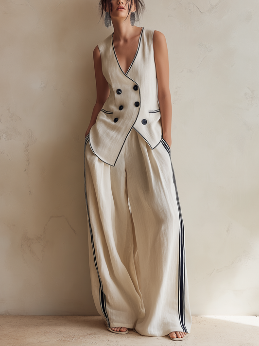 Crème Linnenmix Dubbelzijdige Vest & Brede Pijpen Broek Co-ord Set