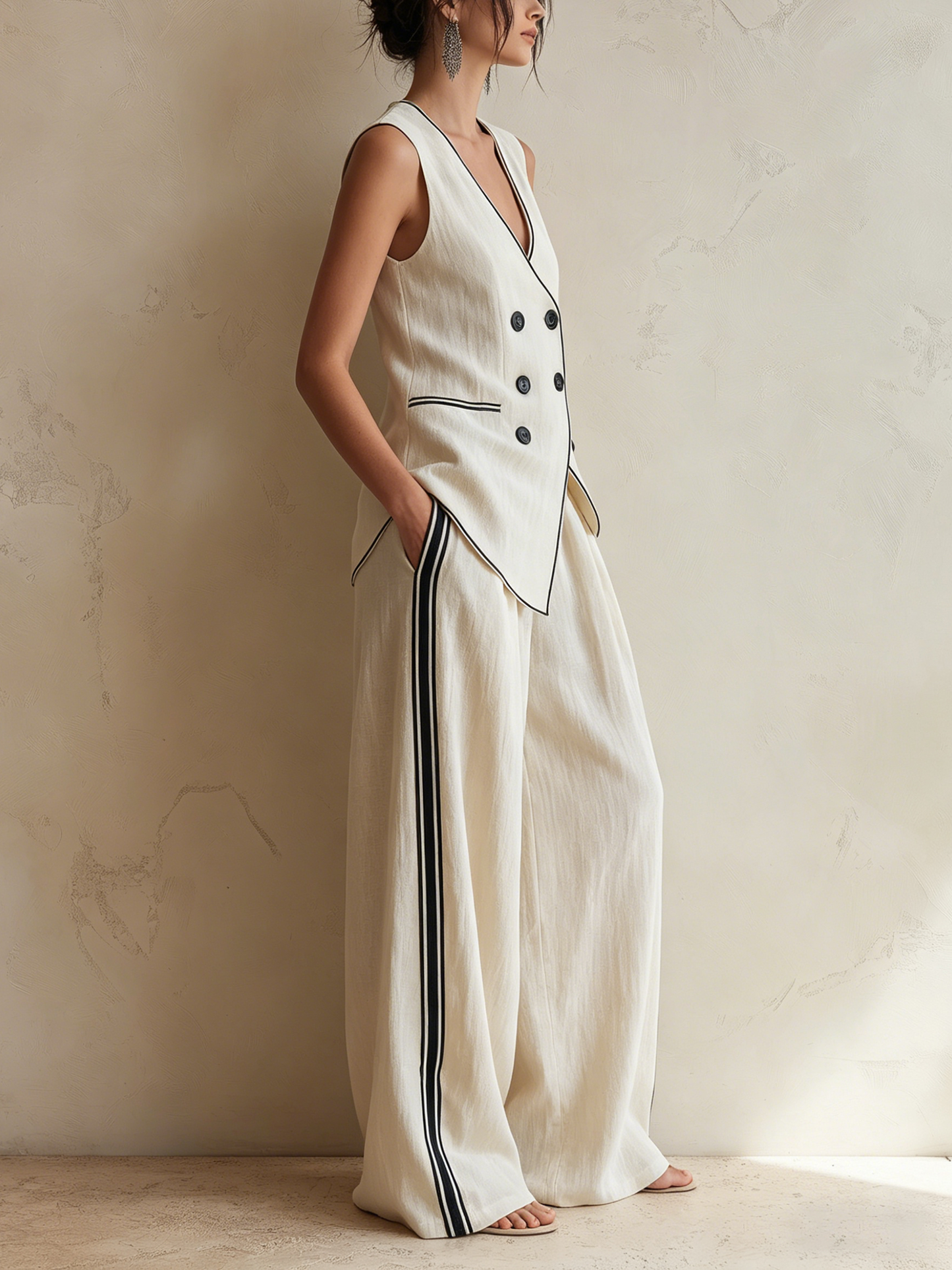 Crème Linnenmix Dubbelzijdige Vest & Brede Pijpen Broek Co-ord Set