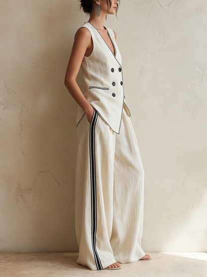 Crème Linnenmix Dubbelzijdige Vest & Brede Pijpen Broek Co-ord Set