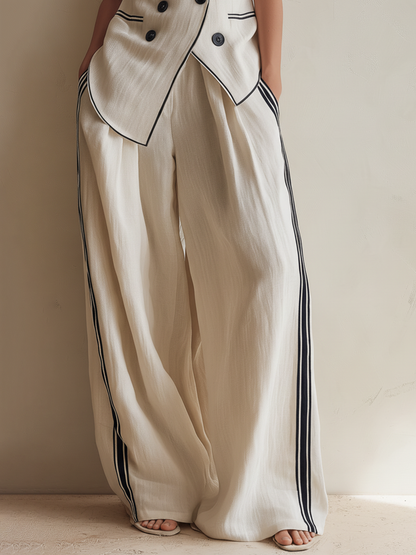 Crème Linnenmix Dubbelzijdige Vest & Brede Pijpen Broek Co-ord Set